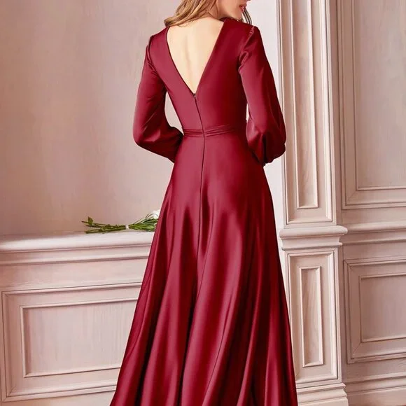 BURGUNDY V-Neck A-Line Shape Satin Prom Dress CD7475